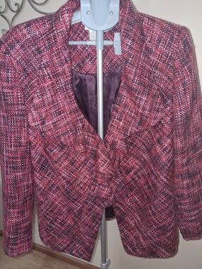 Chico's Pink & Black Tweed Ruffled Open Front  Blazer
